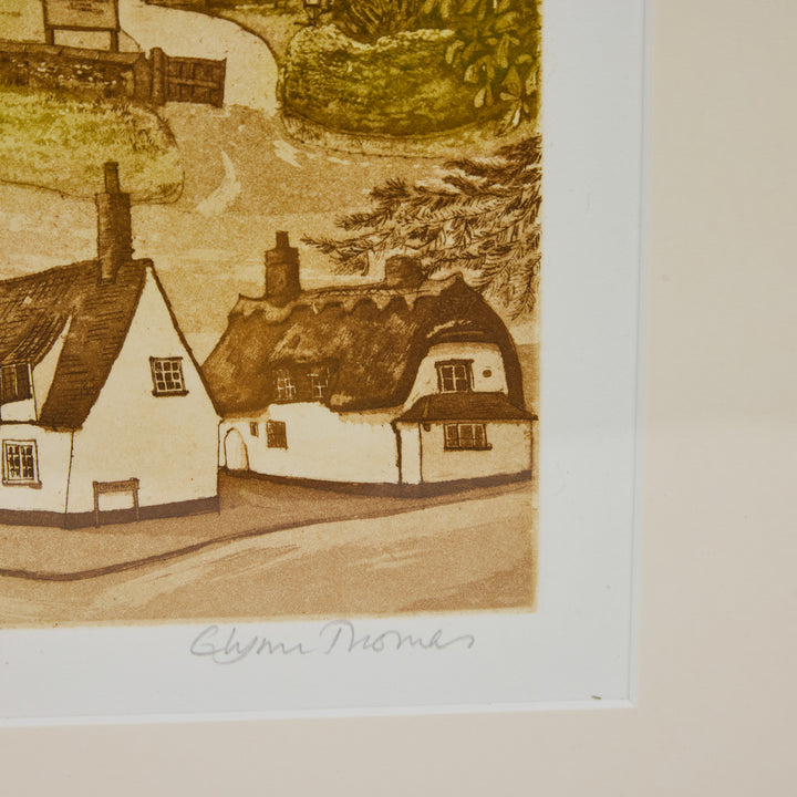 Vintage Hand Colored Lithograph of European Village Life, Newly Framed