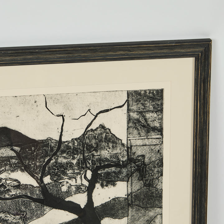Vintage Black + White Etching of a Tree in a Landscape, Signed by Artist
