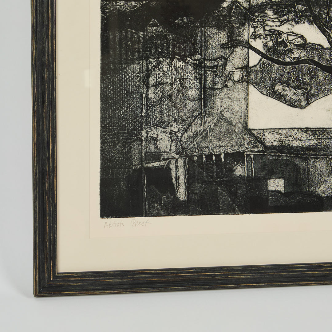 Vintage Black + White Etching of a Tree in a Landscape, Signed by Artist