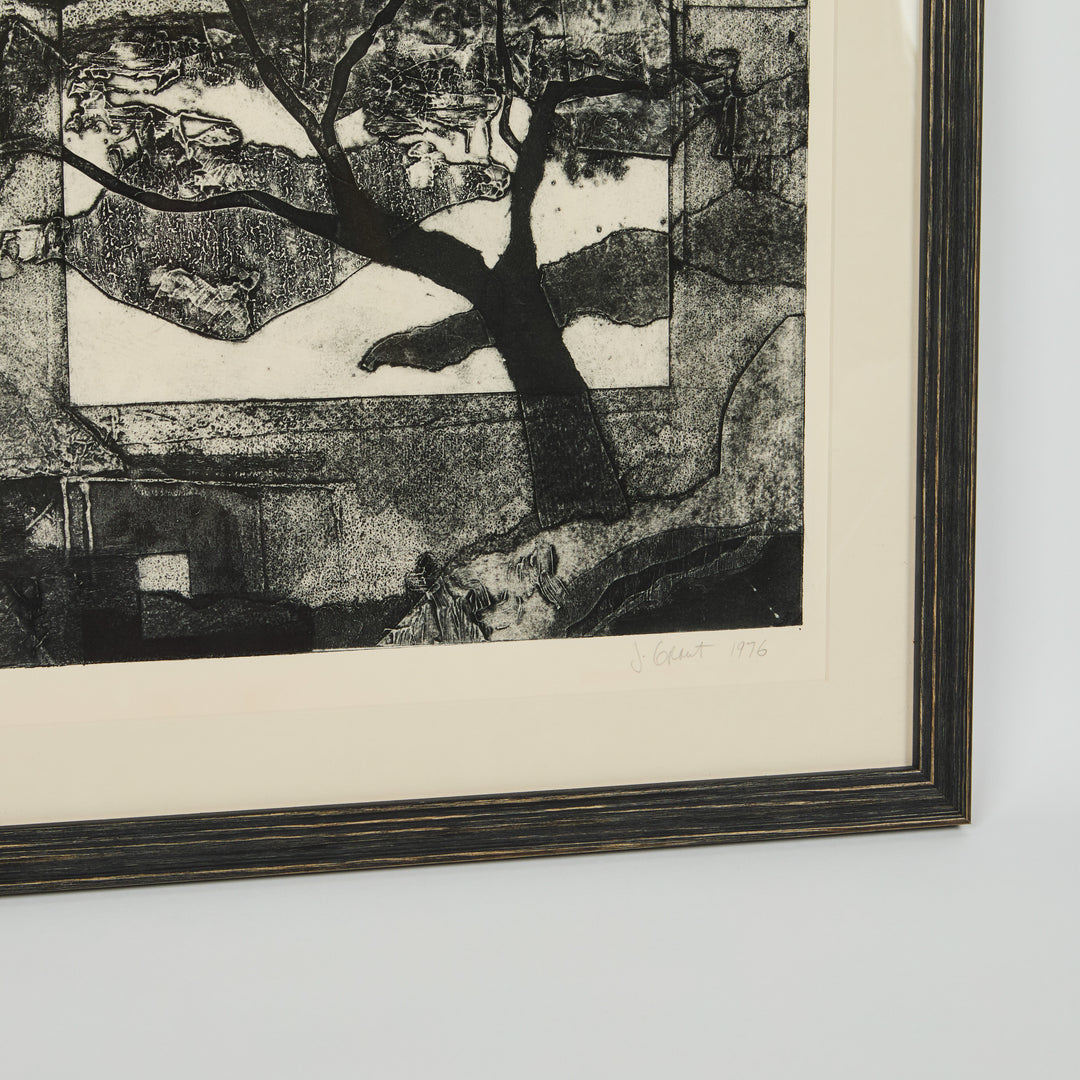 Vintage Black + White Etching of a Tree in a Landscape, Signed by Artist