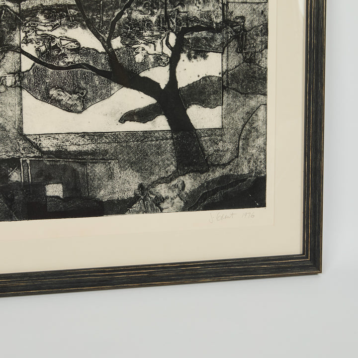 Vintage Black + White Etching of a Tree in a Landscape, Signed by Artist
