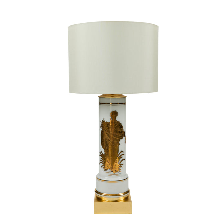 Vintage White Glass Cylinder Lamp with Gold Greek Figure