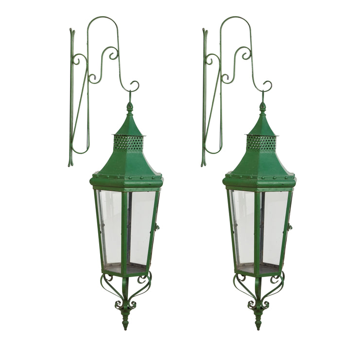 Vintage Iron + Glass Hanging Wall Lanterns w/ Original Green Paint | Pair