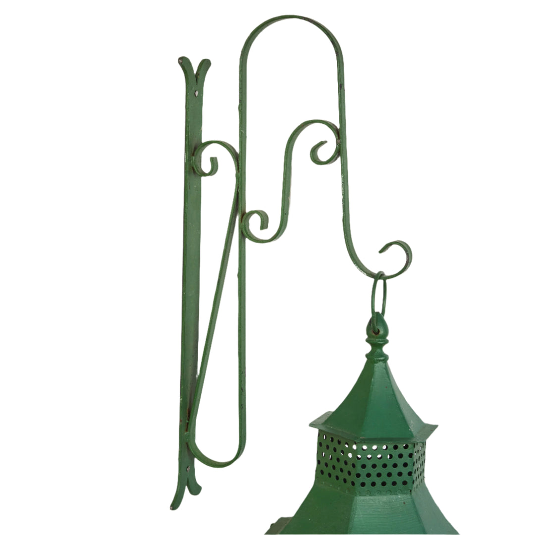 Vintage Iron + Glass Hanging Wall Lanterns w/ Original Green Paint | Pair