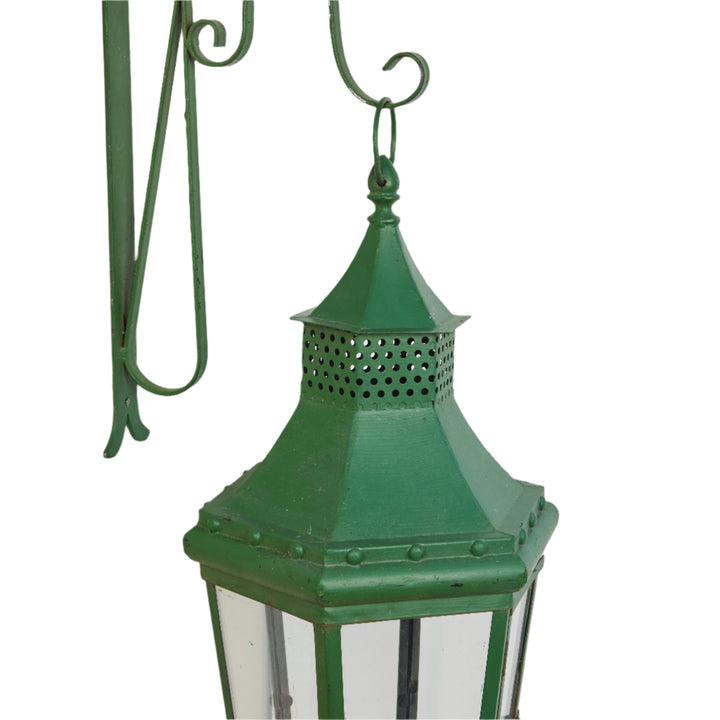 Vintage Iron + Glass Hanging Wall Lanterns w/ Original Green Paint | Pair