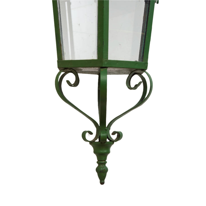 Vintage Iron + Glass Hanging Wall Lanterns w/ Original Green Paint | Pair