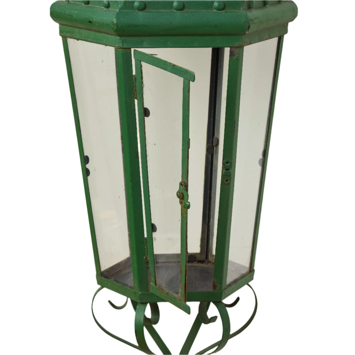 Vintage Iron + Glass Hanging Wall Lanterns w/ Original Green Paint | Pair