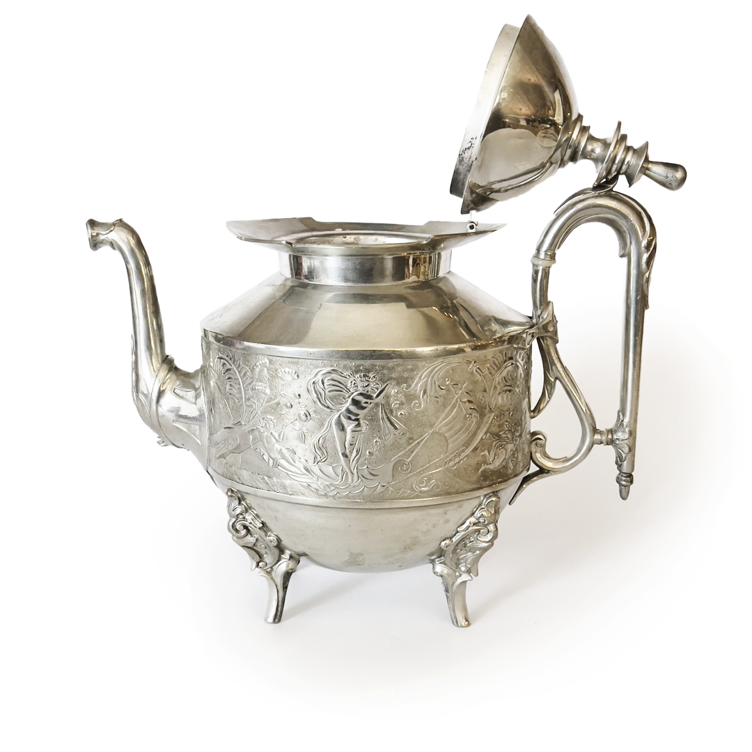 Vintage Silver Plate Footed Teapot w/ a Scenic Relief Band