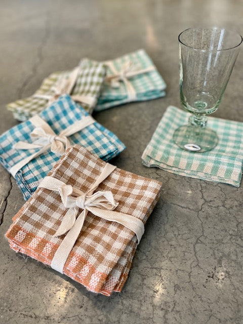 Woven Linen Cocktail Napkins, Teal  Gingham | Set of 4