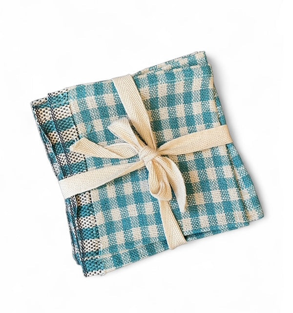 Woven Linen Cocktail Napkins, Teal  Gingham | Set of 4
