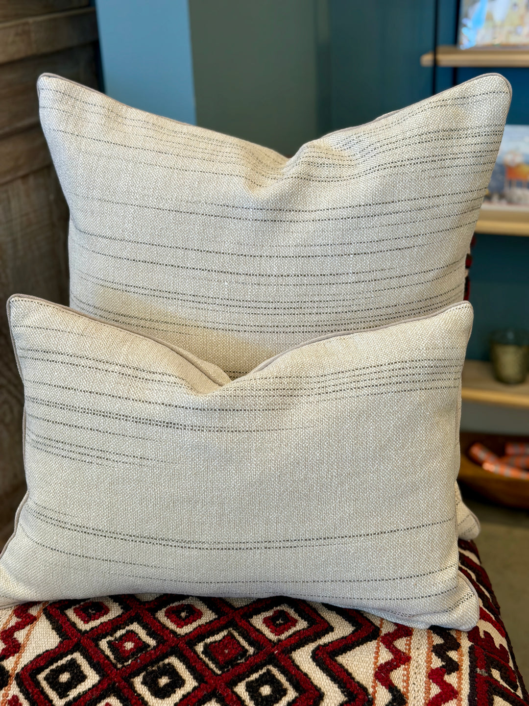 Custom 20" x 20" Pillow in a Cotton-Blend Flax + Grey Fabric w/ Random Lines