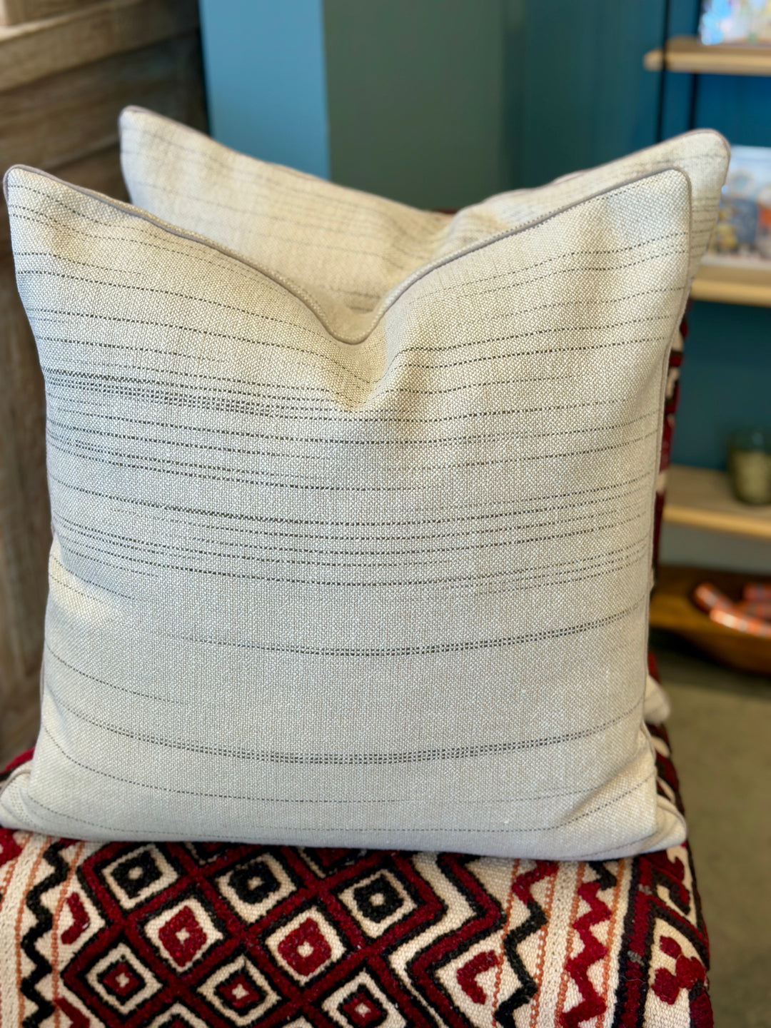 Custom 20" x 20" Pillow in a Cotton-Blend Flax + Grey Fabric w/ Random Lines