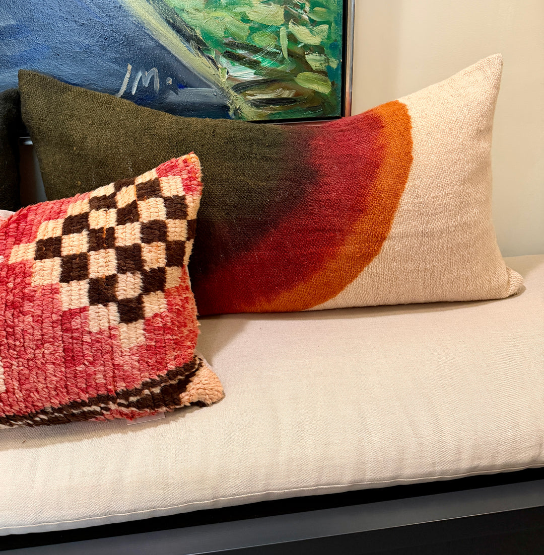 Custom 34" x 18" Pillow made from Homespun Wool Dip Dyed Fabric, Morocco | Orange