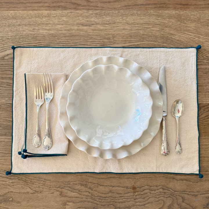 Valerie Barkowski Cotton Placemat w/ Hand Knotted Accents, Morocco | Teal