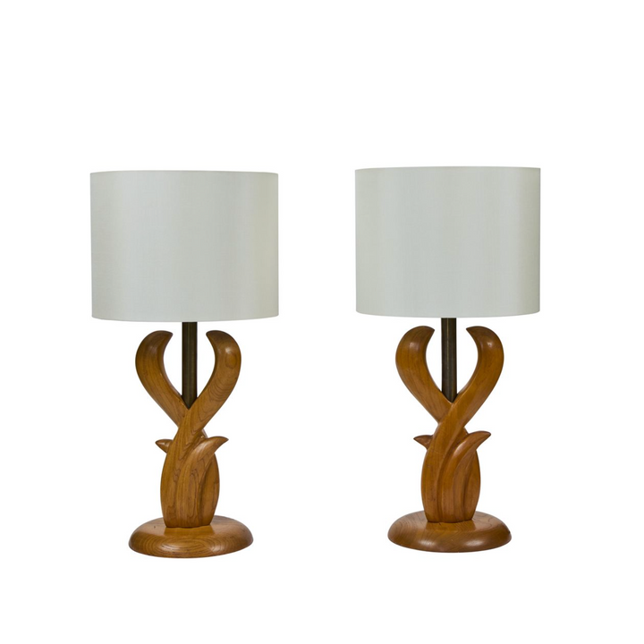 Mid-Century Sculptural Wood Lamps with Brass Neck | Pair