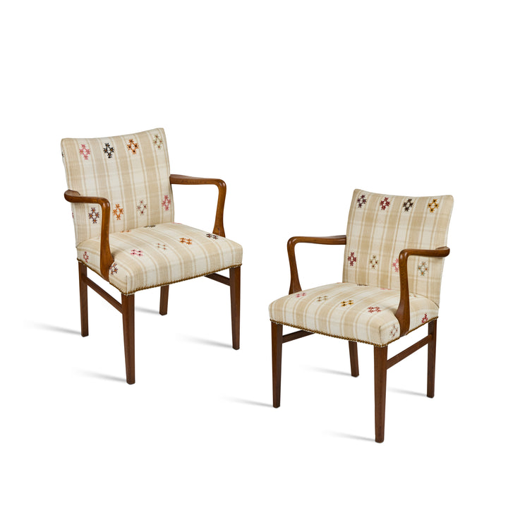 Mid-Century Danish Teak Arm Chairs, Newly Upholstered in a Vintage Turkish Rug | Pair