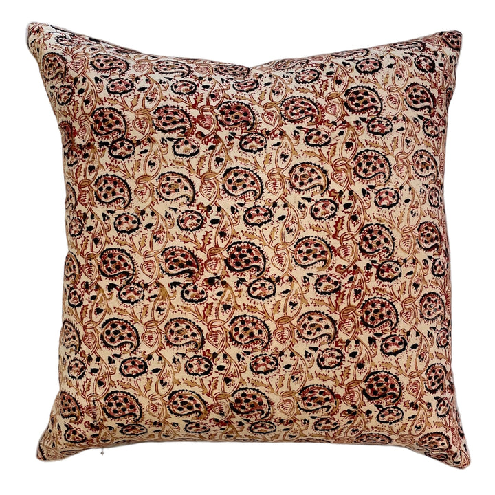 Custom 20" x 20" Hand Block Printed Cotton Pillow Front with Solid Linen Back | Paisley