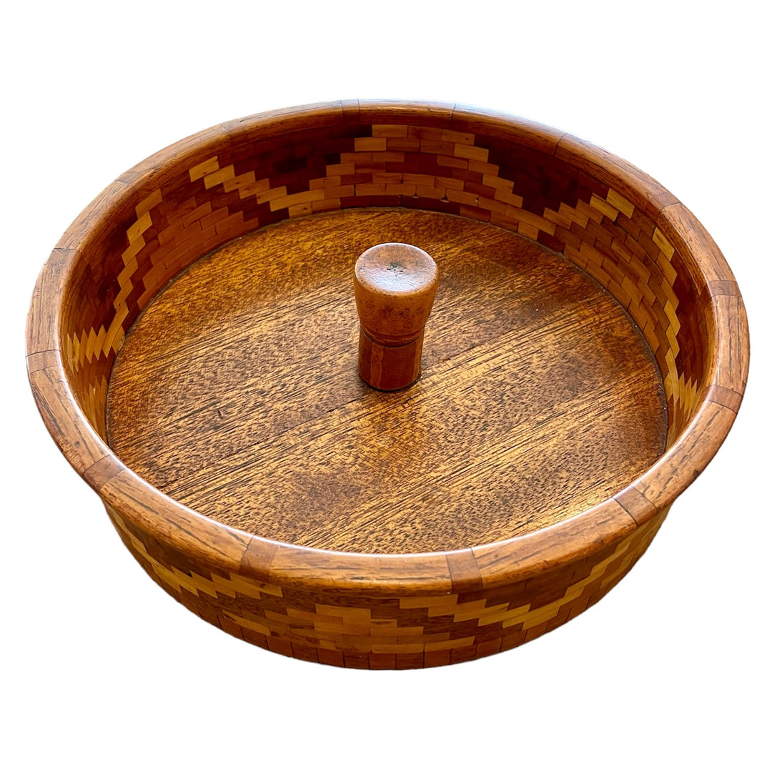 Vintage Handmade Wood Marquetry Nut Bowl w/ Handle