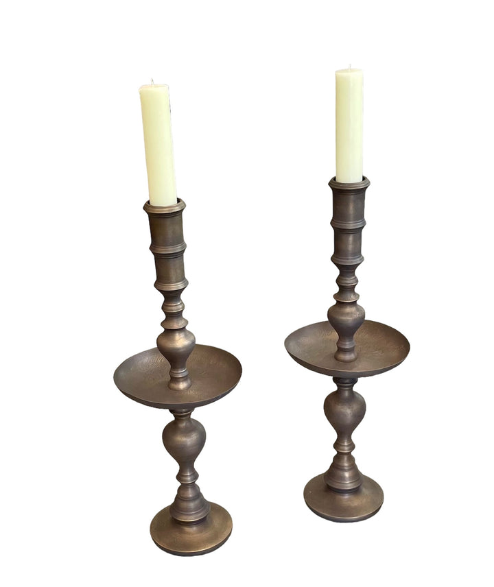 Vintage Moroccan Turned Brass Large Scale Candle Holders | Pair