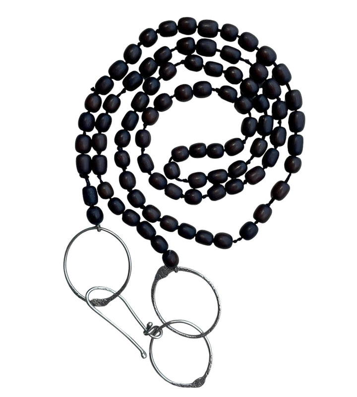 Studio Suzan 41" Wood Bead Necklace w/ Trademark Hand Hammered Sterling Silver Rings + Clasp