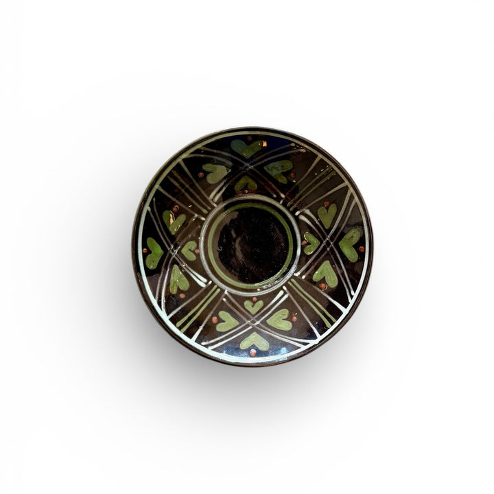 Vintage Shallow Bowl by HAK, Denmark, Signed | Black w/Green Hearts