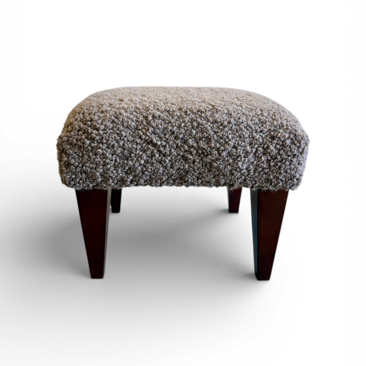 Custom Footstool Upholstered in a Mushroom Alpaca Boucle with Wood Legs