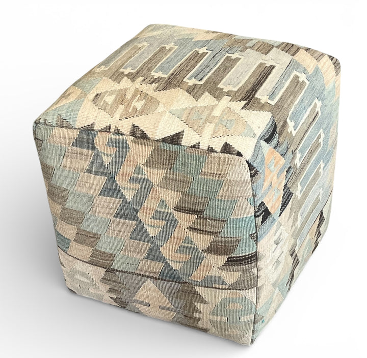 Custom 18" x 18" x 18" Cube Stool, Upholstered in a Vintage Cream + Blue Wool Rug, Turkey