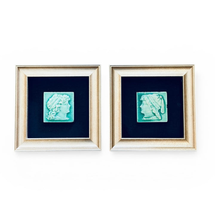Antique Portrait Tiles in New Silver Leaf  Box Frame | Pair