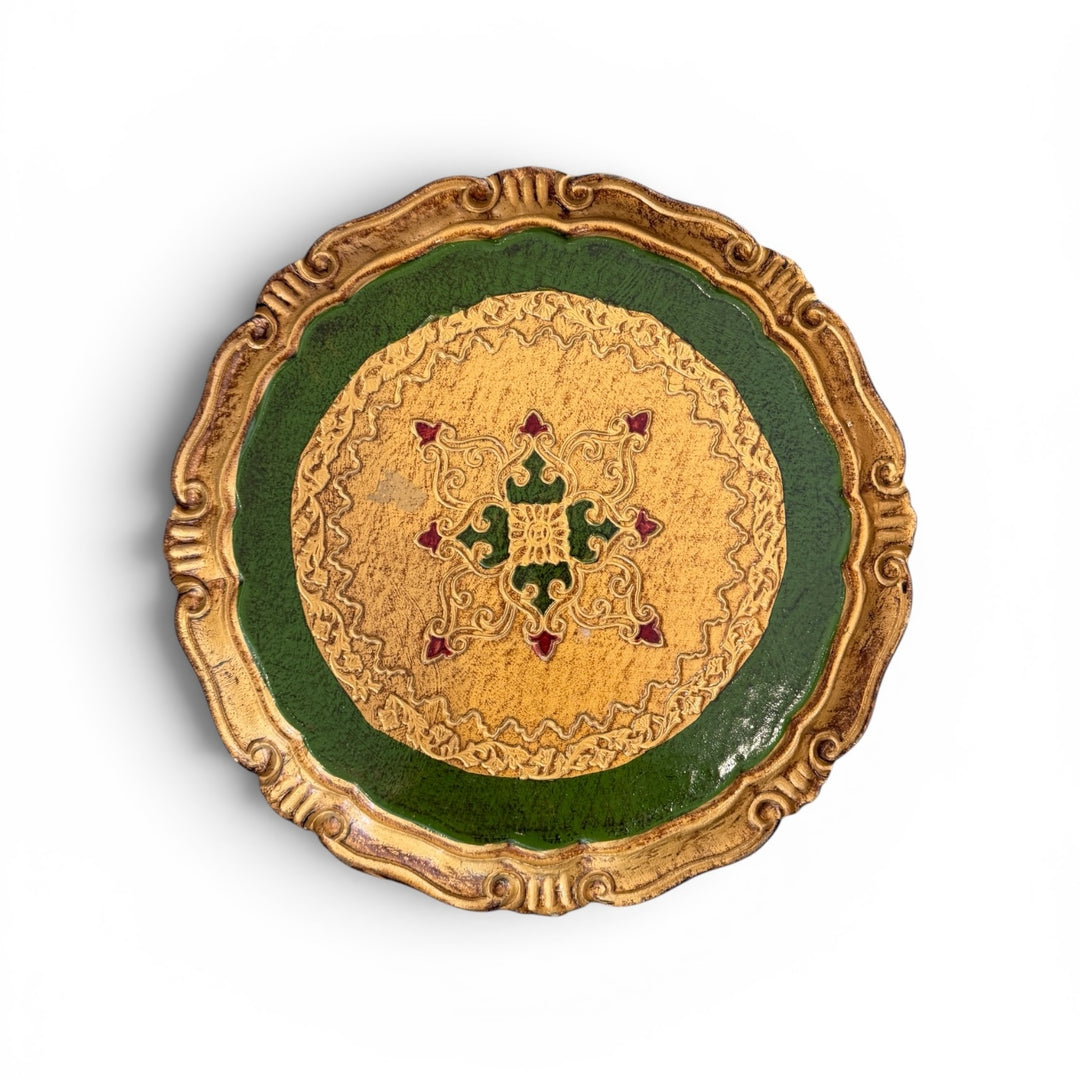 Vintage Italian Florentine Round Hand-Painted Gilt Wood Tray