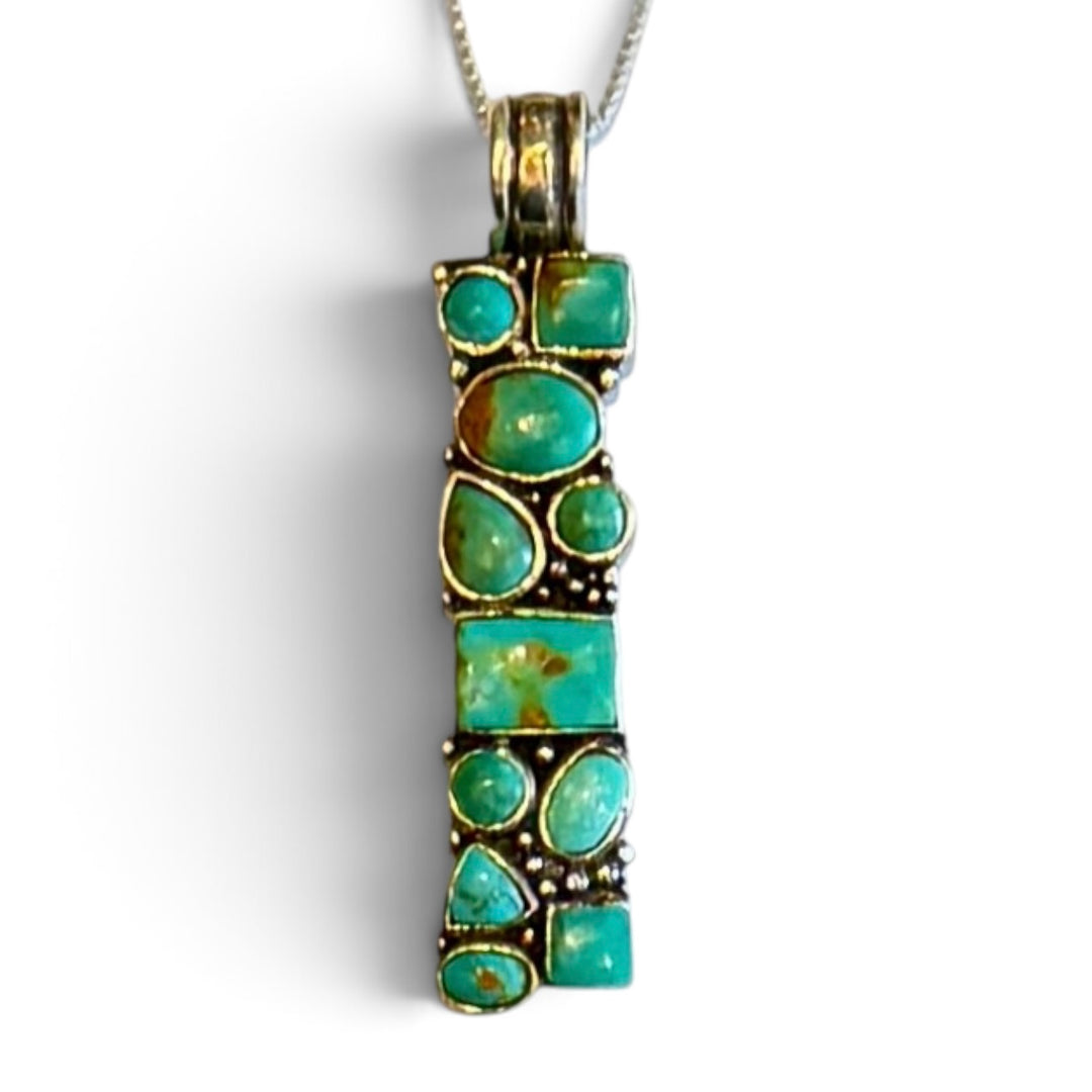 Vintage  Turquoise + Silver Vertical Pendant Necklace on New 18" Sterling Chain