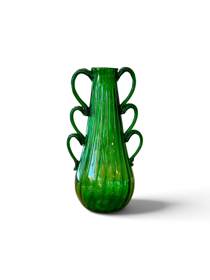Mid-Century Italian Hand Blown Emerald  Green Glass Vase w/ Loop Handles