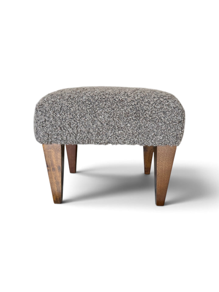 Custom Footstool Upholstered in a Mushroom Alpaca Boucle with Wood Legs