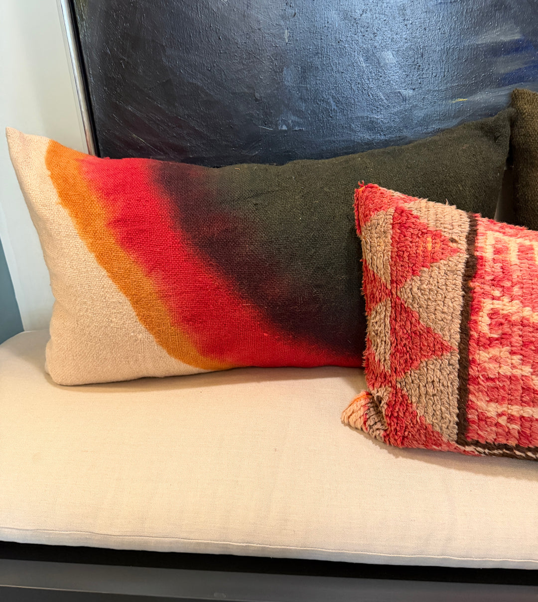 Custom 34" x 18" Pillow made from Homespun Wool Dip Dyed Fabric, Morocco | Red