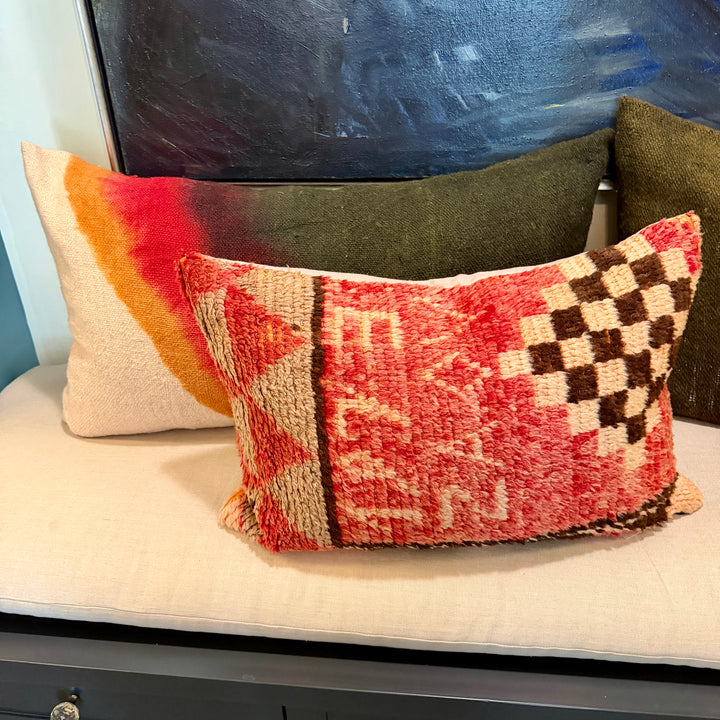 Custom 34" x 18" Pillow made from Homespun Wool Dip Dyed Fabric, Morocco | Red