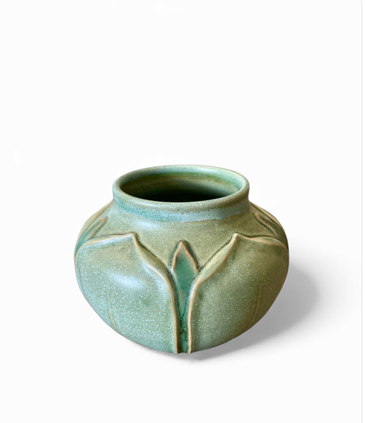 Vintage Arts + Crafts Matte Green Glaze Round Vase w/Leaf Relief Design, Signed by Artist