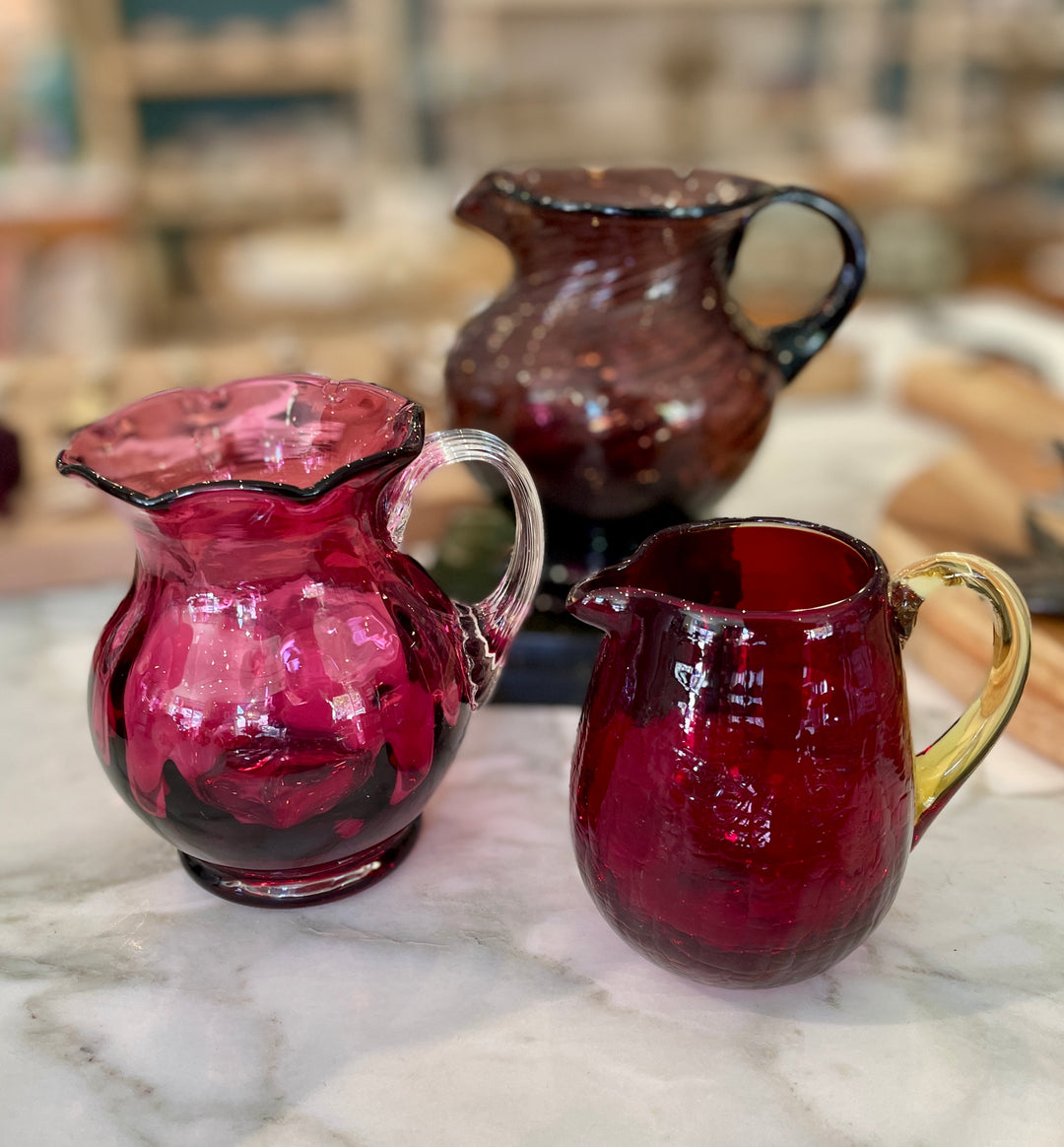Vintage Hand Blown Ruby Pink Glass Pitcher w/ Clear Handle