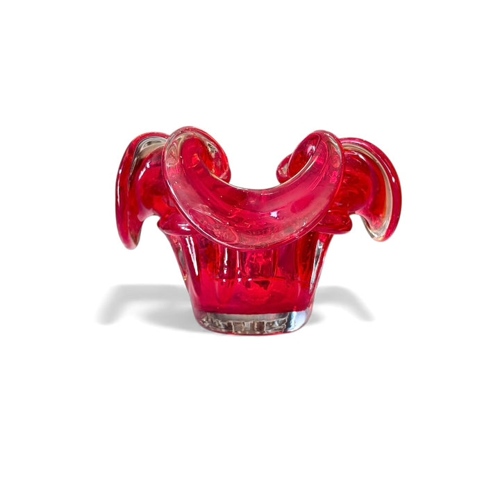 Vintage Hand Blown Red Glass Candy Dish with a Petal Rim