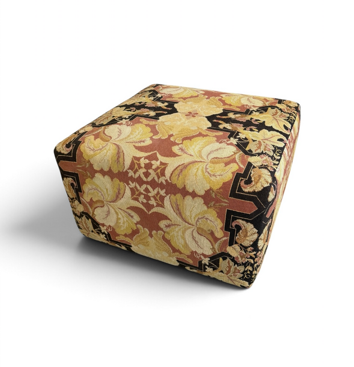 Custom 30" x 30" x 18" Ottoman, Upholstered in a Vintage Wool Needlepoint Rug