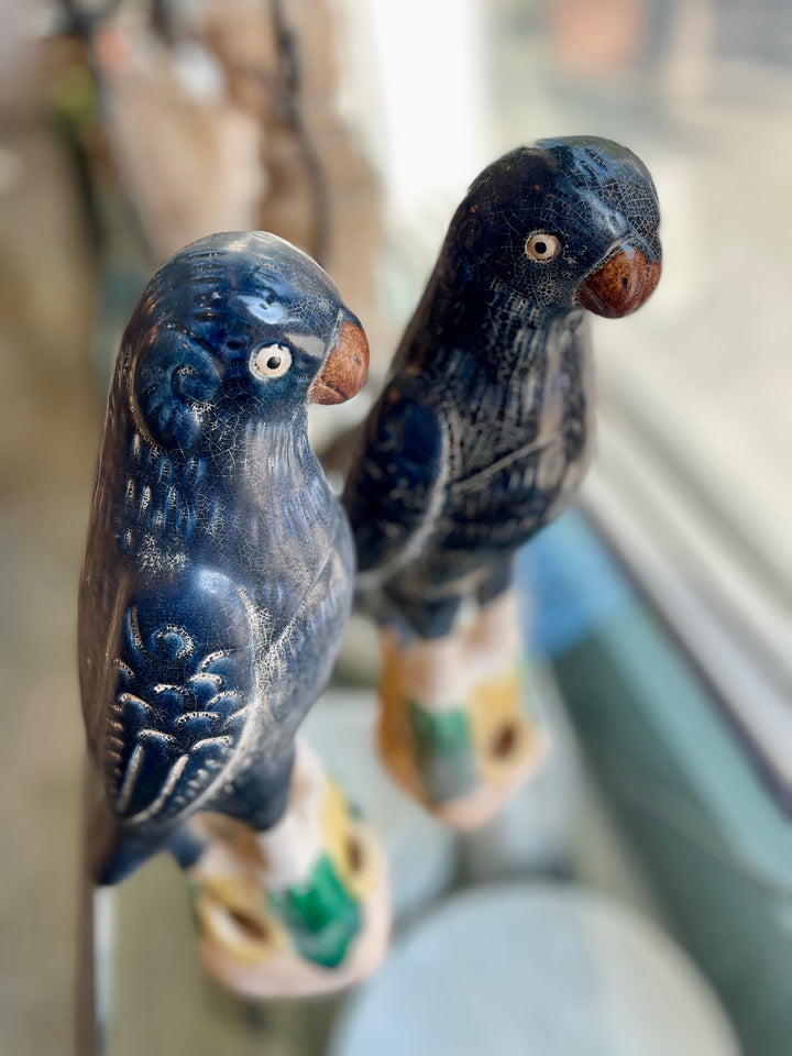 Reproduction Small Chinese Parrot Roof Tiles with Indigo Glaze | Pair