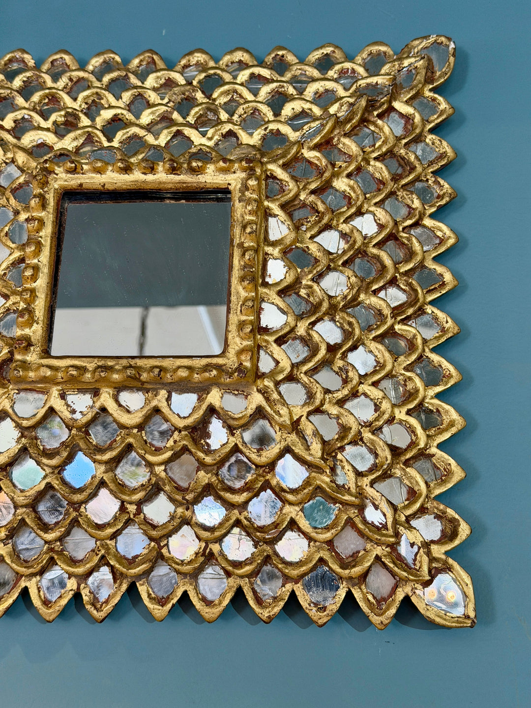 Antique French Giltwood Square Mirror w/Fish Scale Mirror Insets