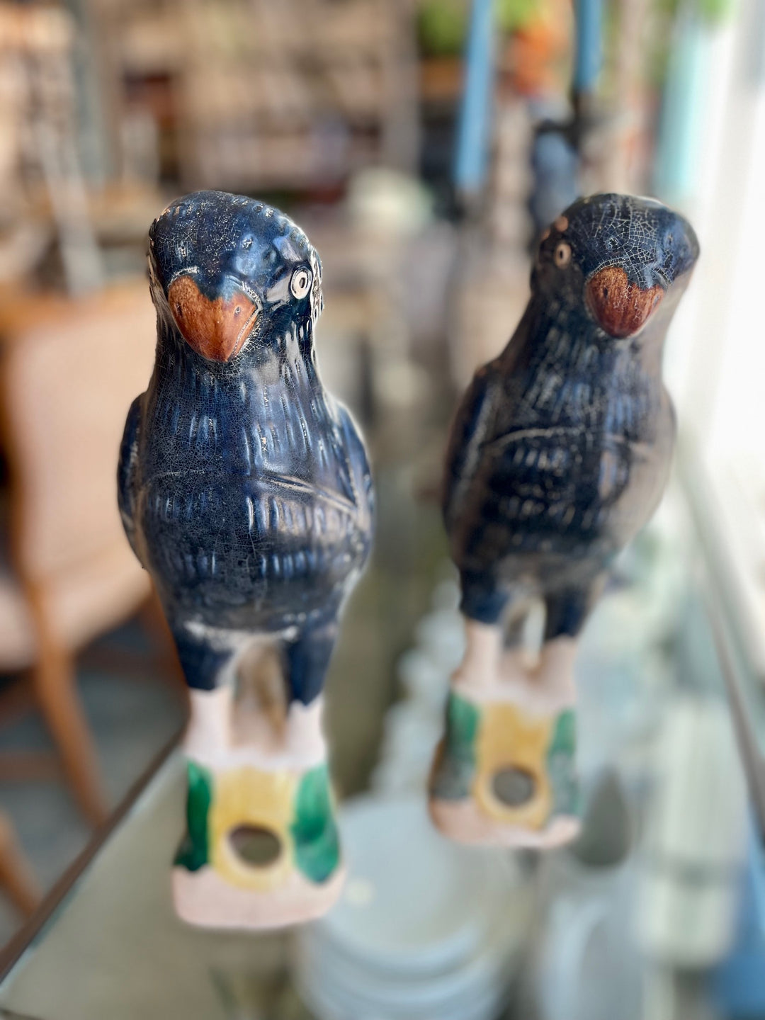 Reproduction Small Chinese Parrot Roof Tiles with Indigo Glaze | Pair