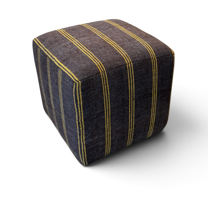 Custom 18" x 18" x 18" Cube Stool, Upholstered in a Vintage Brown w/ Thin Yellow Striped Wool Rug, Turkey