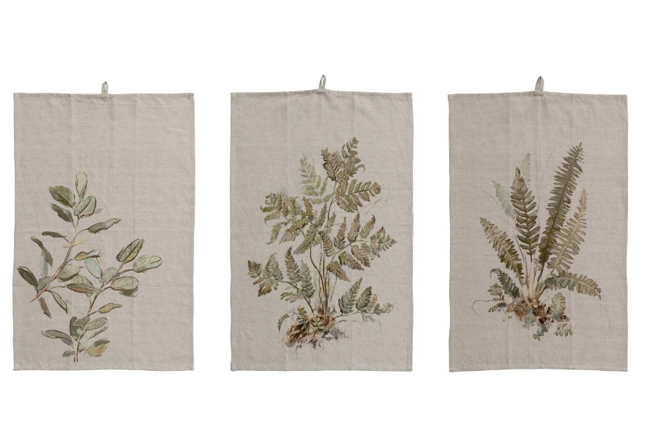 Cotton & Linen Printed Tea Towel w/ Botanical Image & Loop | B