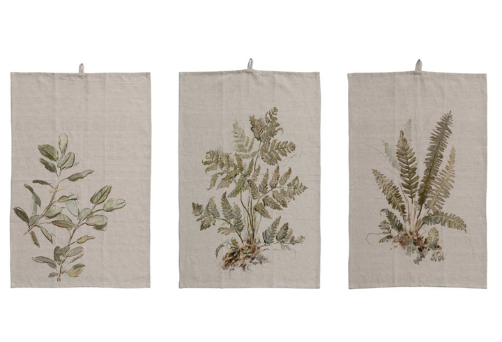 Cotton & Linen Printed Tea Towel w/ Botanical Image & Loop | C