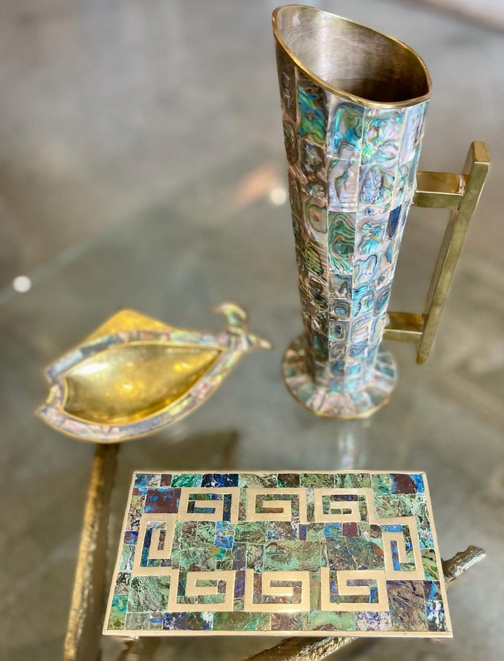 Vintage Mexican Brass and Abalone Tall Cylinder Footed Pitcher Attributed to Los Castillo Taxco