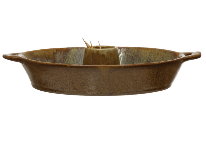 Stoneware Dish with Toothpick Holder with Glaze