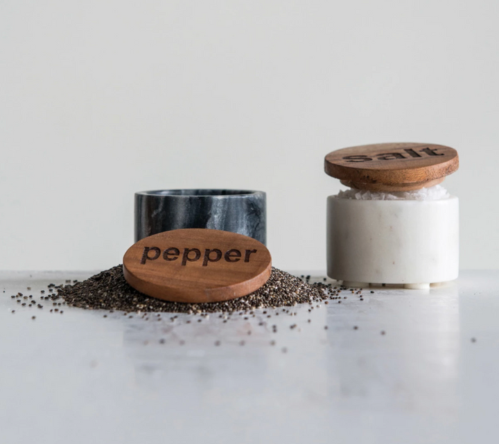 Marble Salt + Pepper Containers w/ Wood Lid | Set