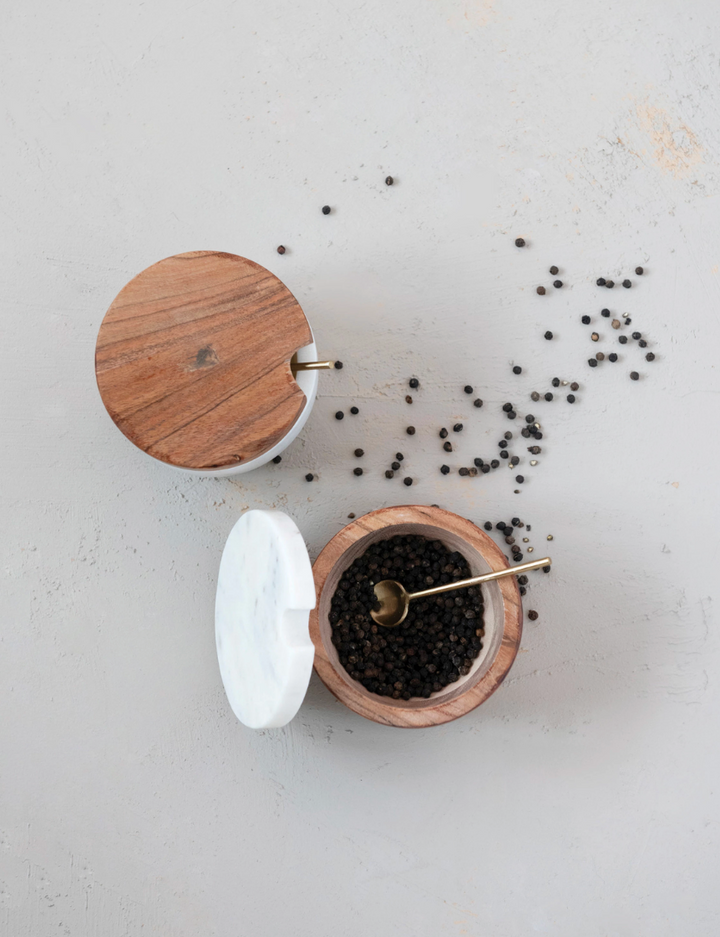 Marble Bowl with Acacia Wood Lid and Brass Spoon