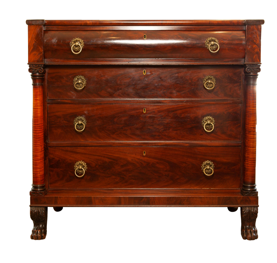 Antique American Empire Mahogany Wood 4 Drawer Chest w/ Claw Feet + Or Maude Woods Antique American Empire Mahogany Wood 4 Drawer Chest w/ Claw Feet + Or Maude Woods