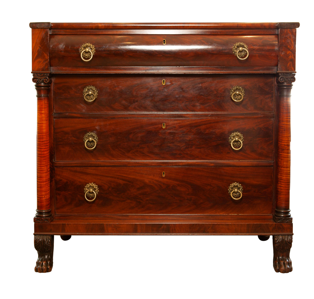 Antique American Empire Mahogany Wood 4 Drawer Chest w/ Claw Feet + Or Maude Woods Antique American Empire Mahogany Wood 4 Drawer Chest w/ Claw Feet + Or Maude Woods